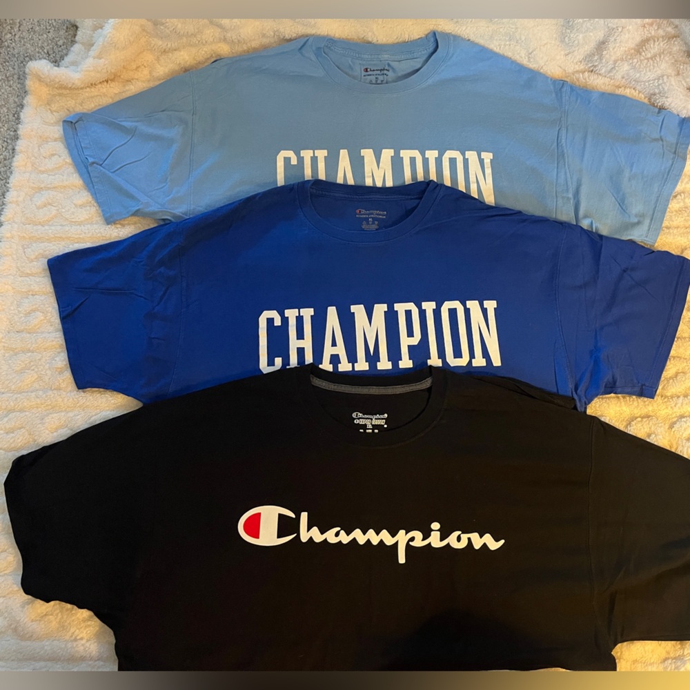Men’s Champion Tee’s
Qty: 3
Size: XL
Colors: Black, Light Blue, Royal Blue
